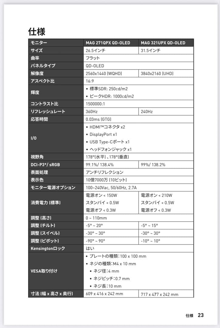 【美品】MSI MAG271QPX 26.5インチ 有機ELモニター 360Hz