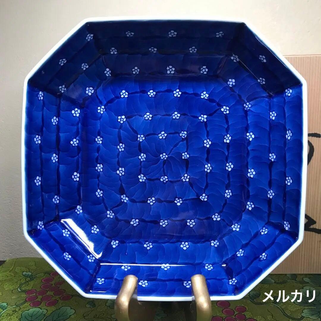 源右衛門窯　染付梅地紋　方皿　木箱入り