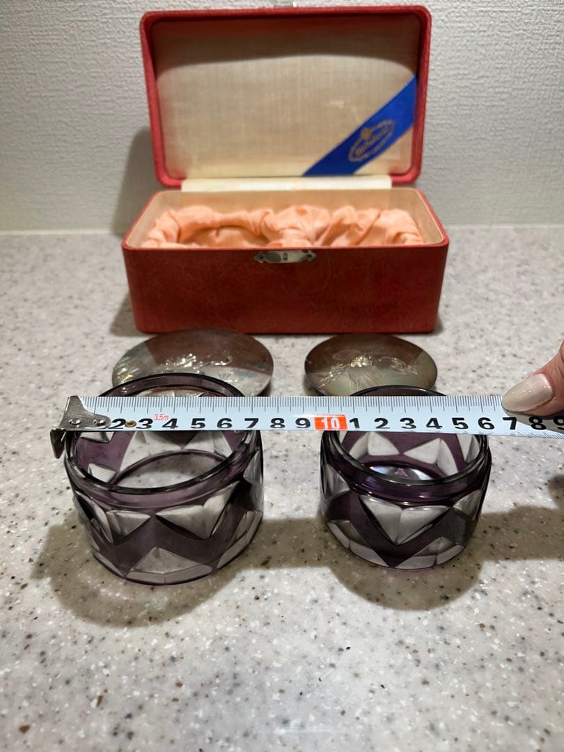 昭和レトロ　アンティーク切り子紫ガラスと銀色の蓋のセット三越