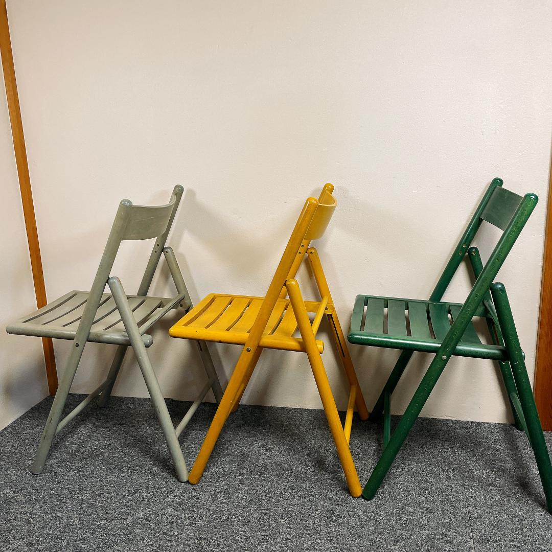 木製 折りたたみチェア 3脚セット カントリー調（グレー・イエロー・グリーン）