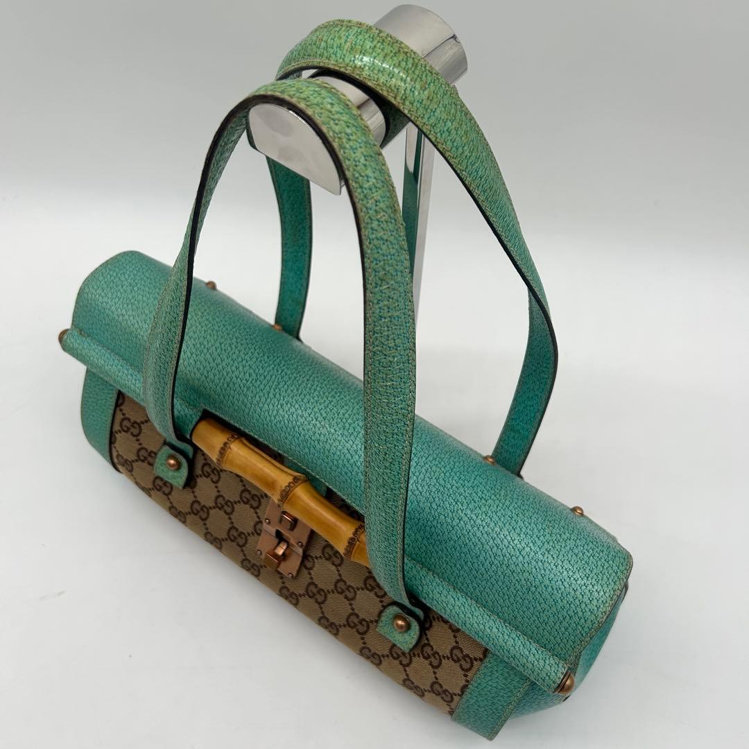 【美品】グッチ バンブー ショルダーバッグ GGキャンバス レザー ターコイズ