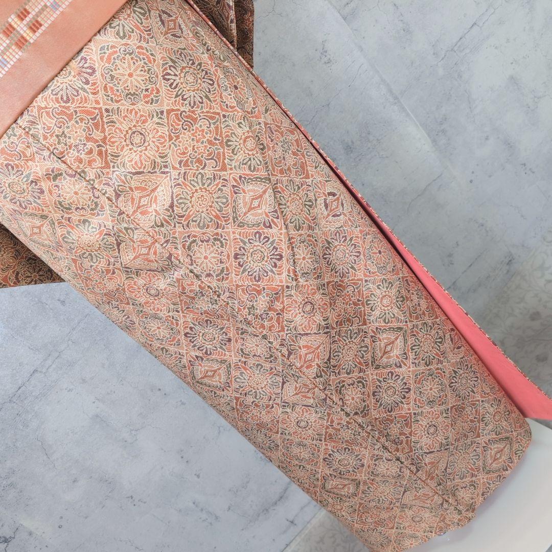 小紋　フルセット　着物　赤橙　オリエンタル　花　O5