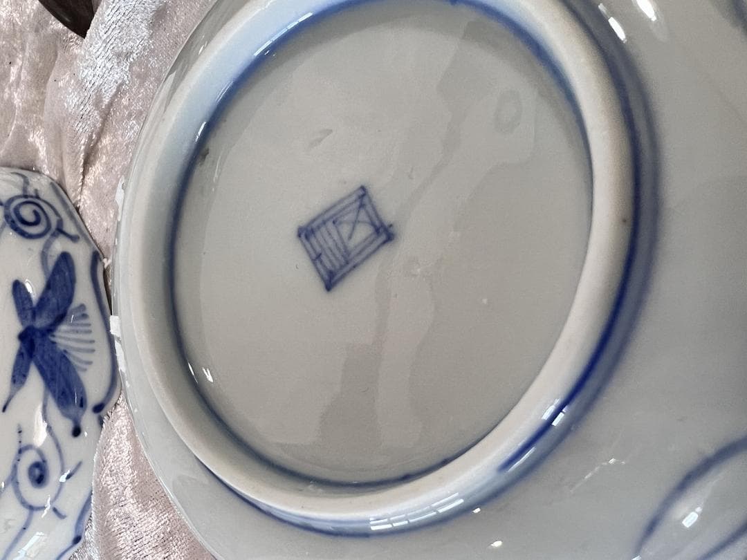 金彩色絵花草紋輪花小皿　伊万里焼　明治　４枚組