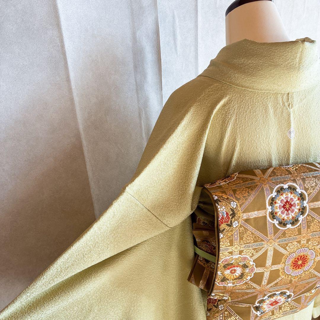 色無地　フルセット　着物　正絹　ロング丈　比翼仕立　グリーン系　瑞寶　落款　G7