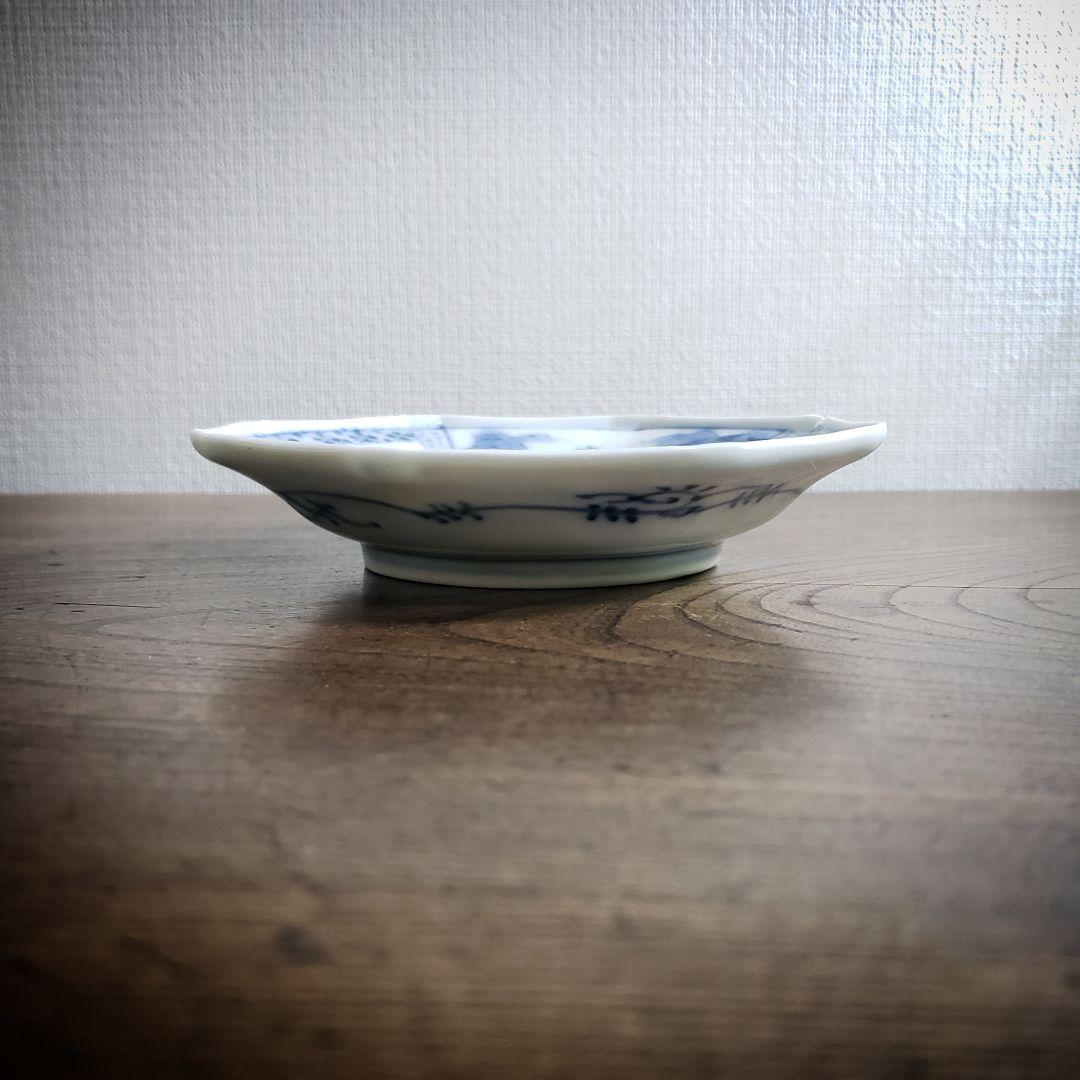 皿　八角皿　古伊万里　山水　風景　五弁花　染付　訳あり　欠け