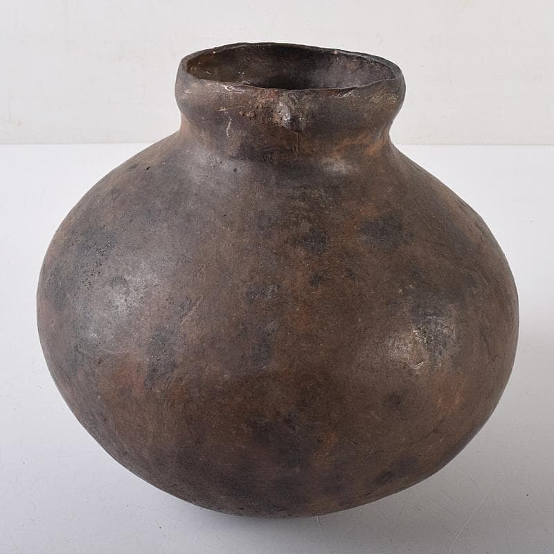 弥生式土器　黒釉　双耳丸瓶　壷　時代箱付　V　R8584B