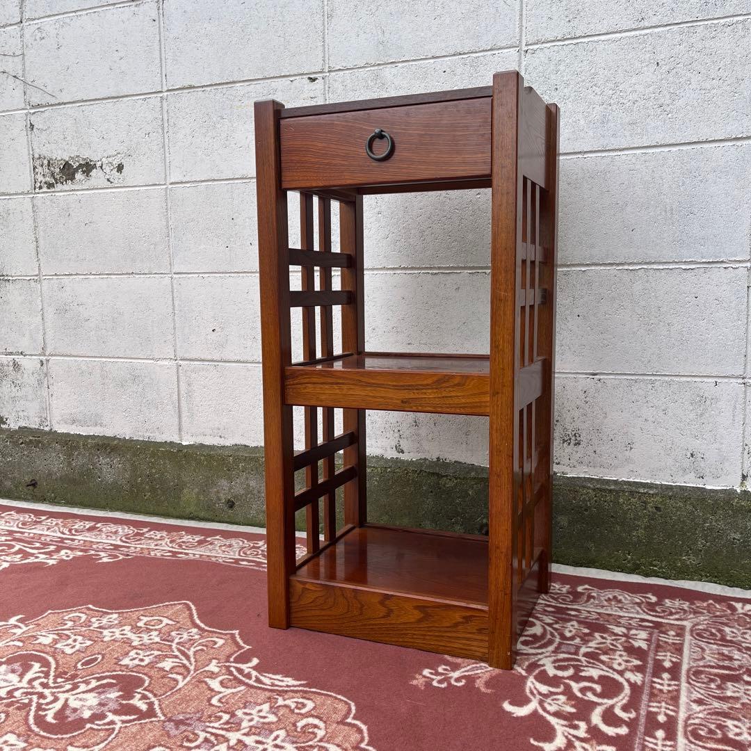 木製家具◾️欅材 サイド格子パネル 引き出し収納付き 整理棚 収納棚 電話台