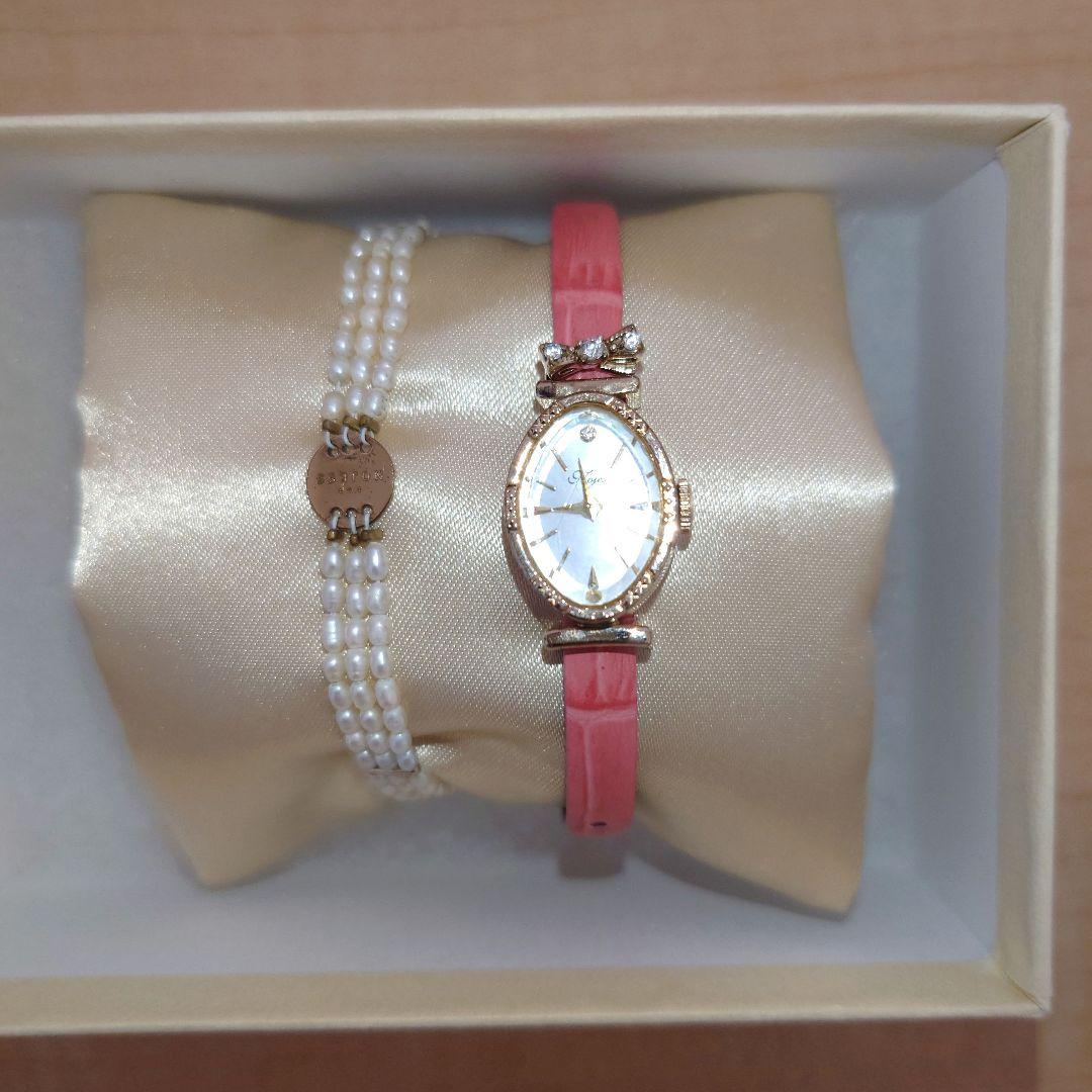 NOJESS 腕時計 パールビーズブレスレット　リボンチャーム　ピンクベルト