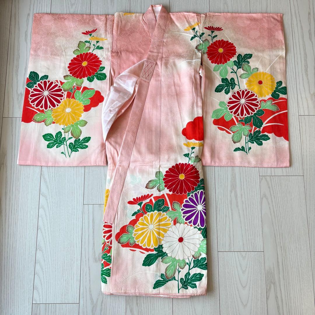 七五三 産着　着物　ピンク　花柄　襦袢付き