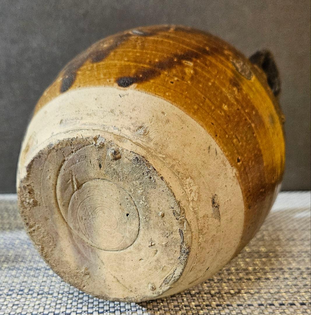 中国古陶磁器　古玩　宋時代　磁州窯系　 褐釉　双耳　胴継ぎ　壺　花入れ　伝世箱付