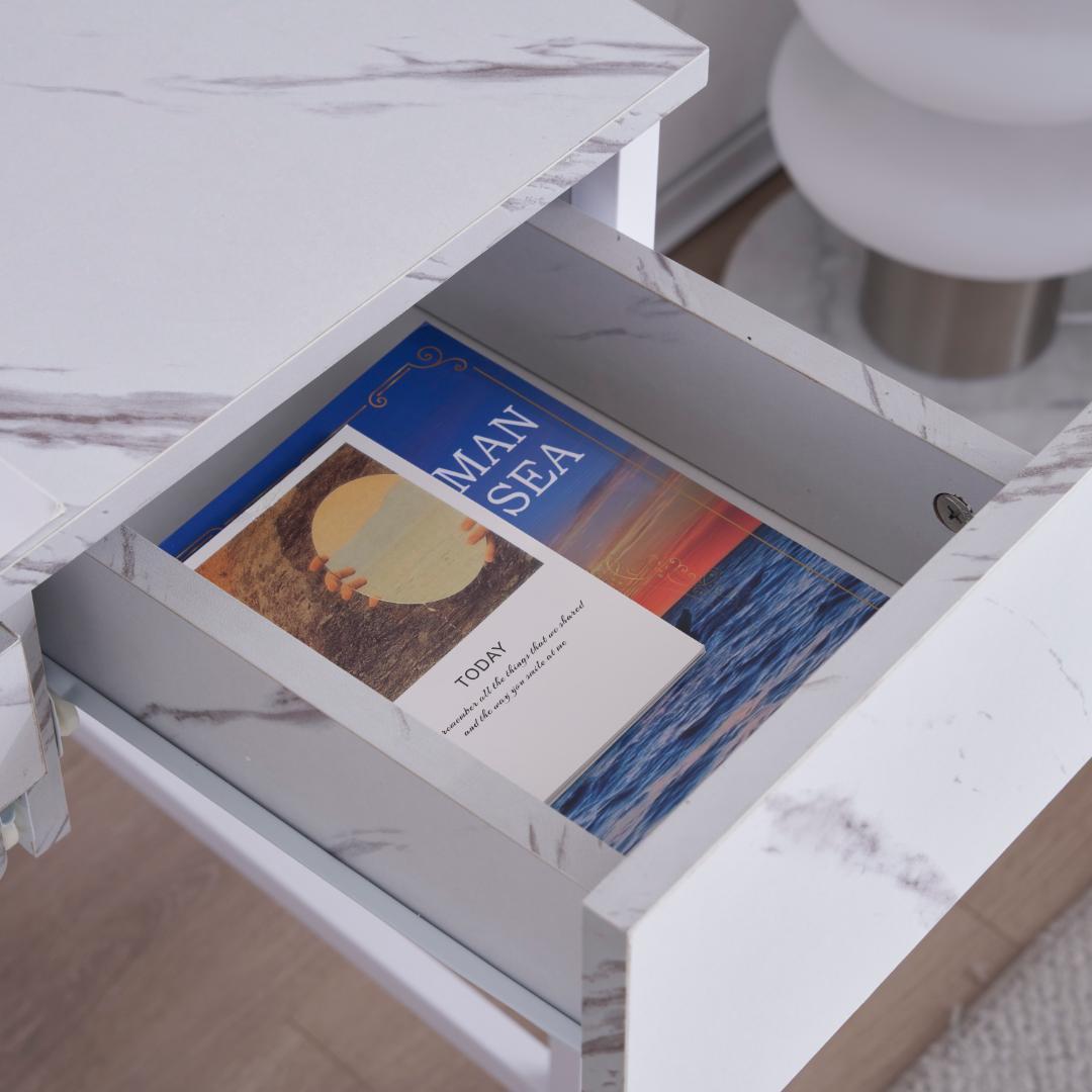 【ホワイト】パソコンデスク引き出し付き 収納台 pcデスク 机 大理石柄おしゃれ