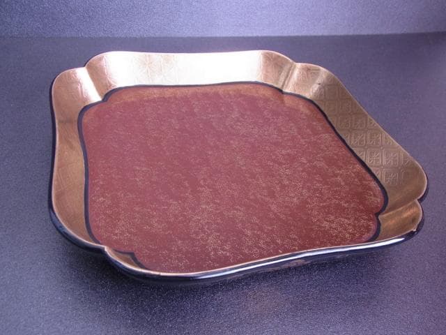 金彩黒地エナメル　角皿　装飾大皿　菓子鉢　エッチング　手書き　アンティーク　骨董