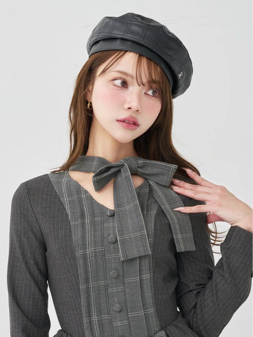 チェックストライプバルーンミニワンピース GRY FREEサイズ ノベルティ付き