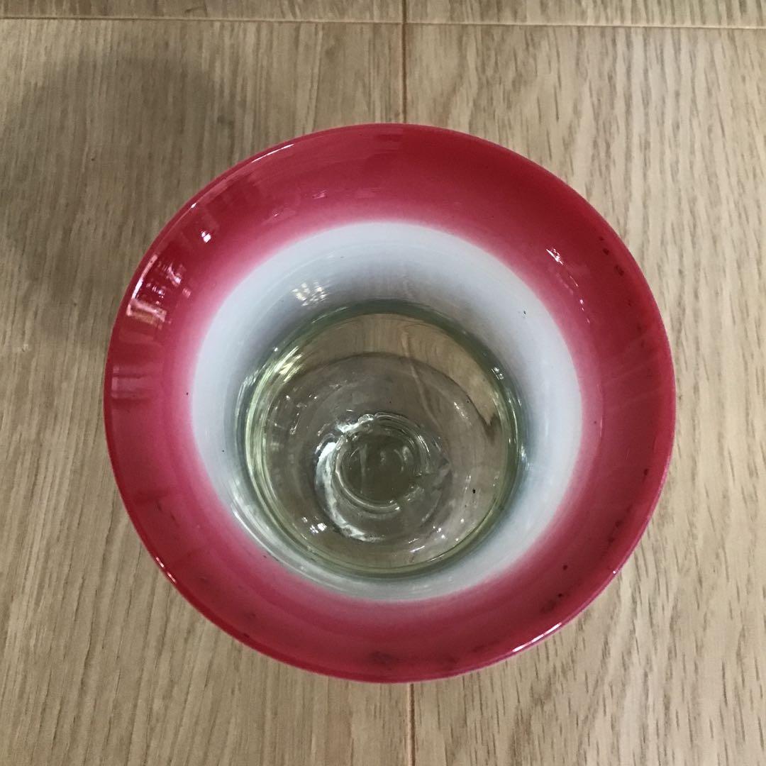 アンティーク　明治〜大正　手吹き　ガラス　厚底　3色氷コップ　赤ふち　氷水