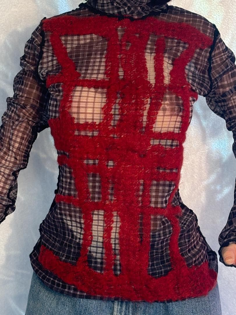 Jean-PaulGAULTIERFEMMEパワーネットフェイスプリント赤刺繍