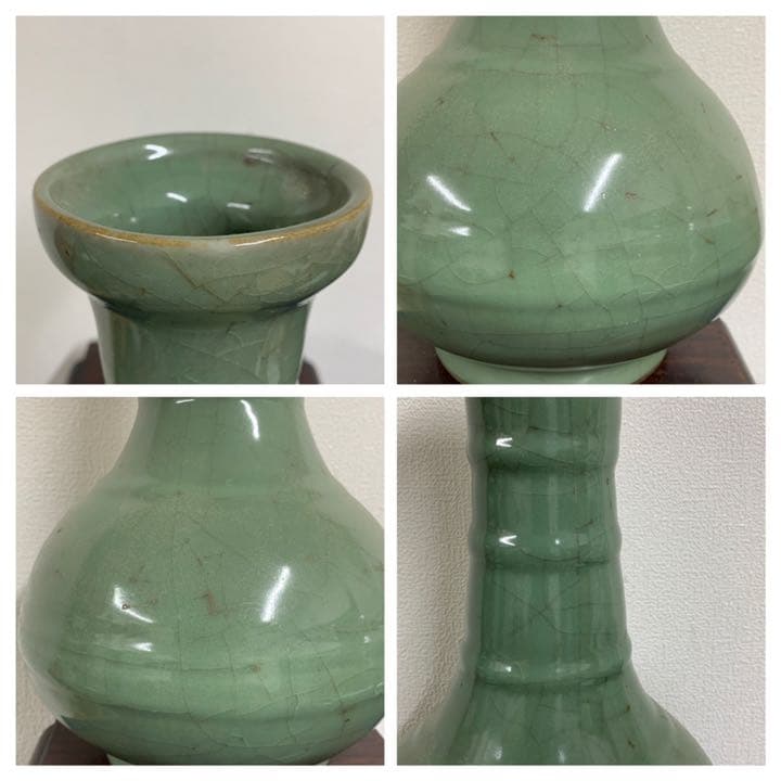 中国古美術　宋時代龍泉窯弦紋瓶，共箱：　C-3-3