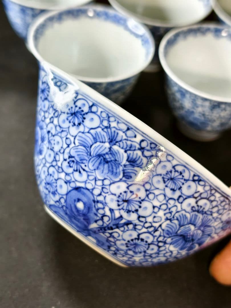 煎茶道具 京焼/清水焼 平安吉兆 染付薄手玉露茶器 手書き花文 共箱 舟型湯冷し