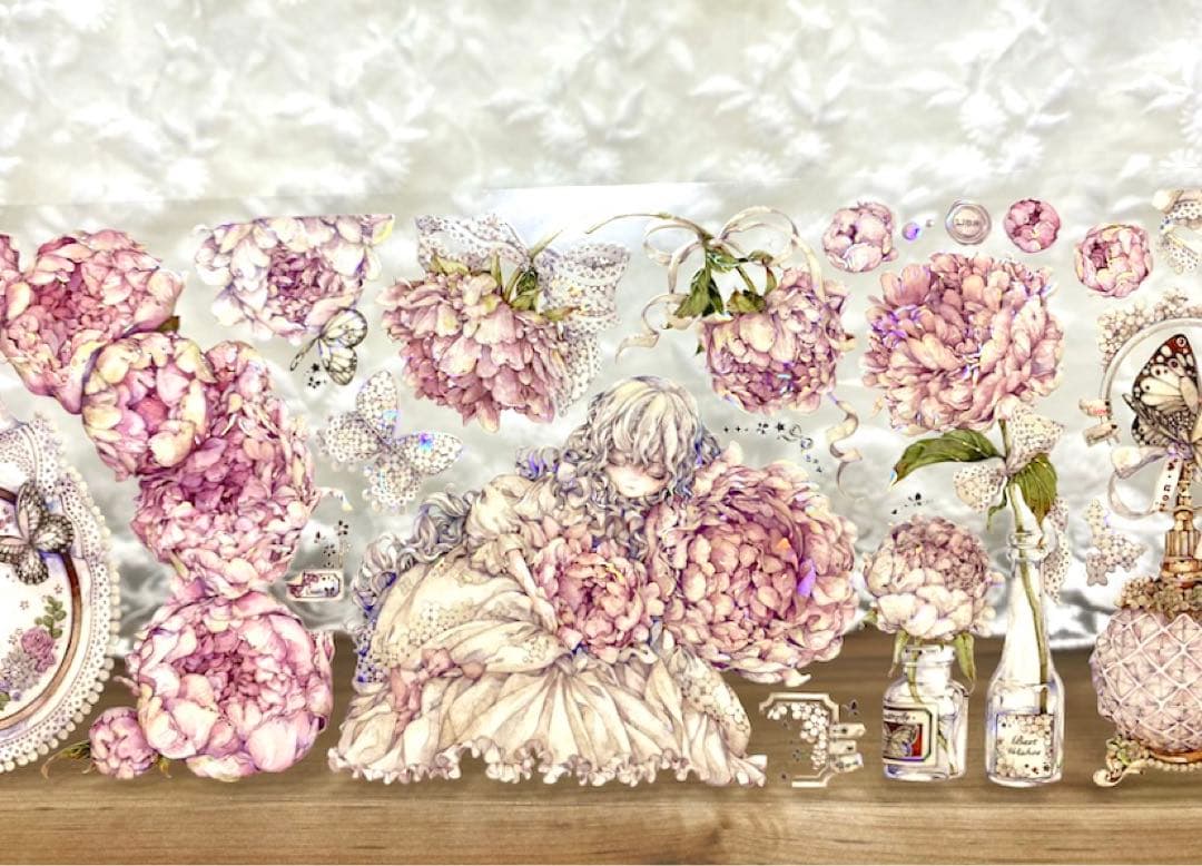 【KN058】海外PET貝殻光マスキングテープ　マステ切り売り　芍药季　お花