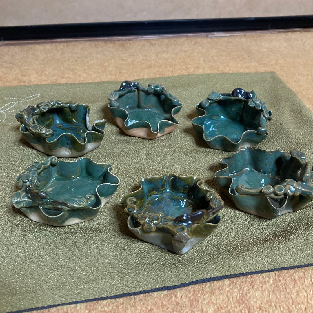 ぶどうの葉形 向付 6客 和食器 懐石料理道具 1客カケ有(最後2枚の写真) ￼