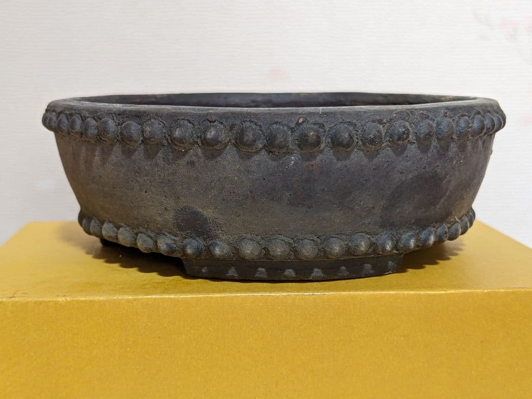 ♦小品盆栽鉢 富舟作 鋲打ち三足丸鉢ミニ盆栽鉢 コレクション 骨董品