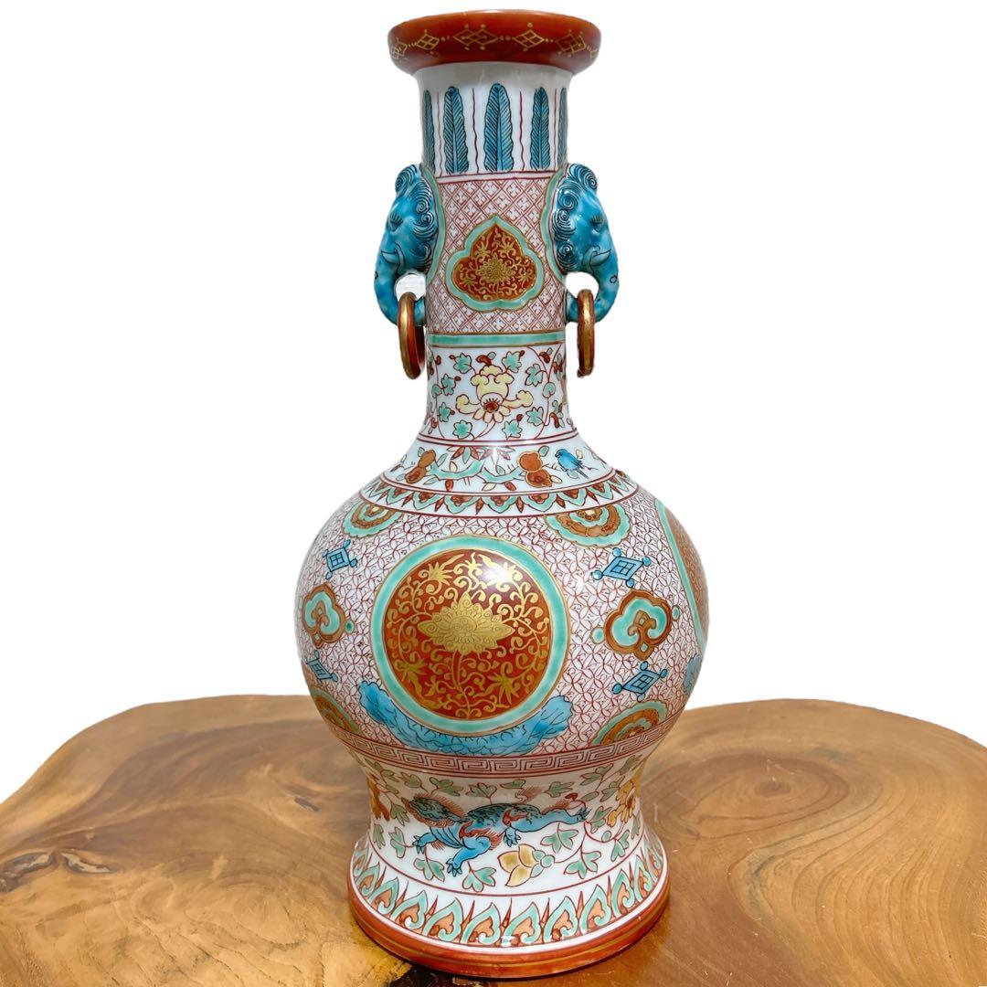 九谷陶源 造 九谷焼 金蘭手 双耳 花瓶 共箱 金彩 茶道具 豪華絢爛 壺