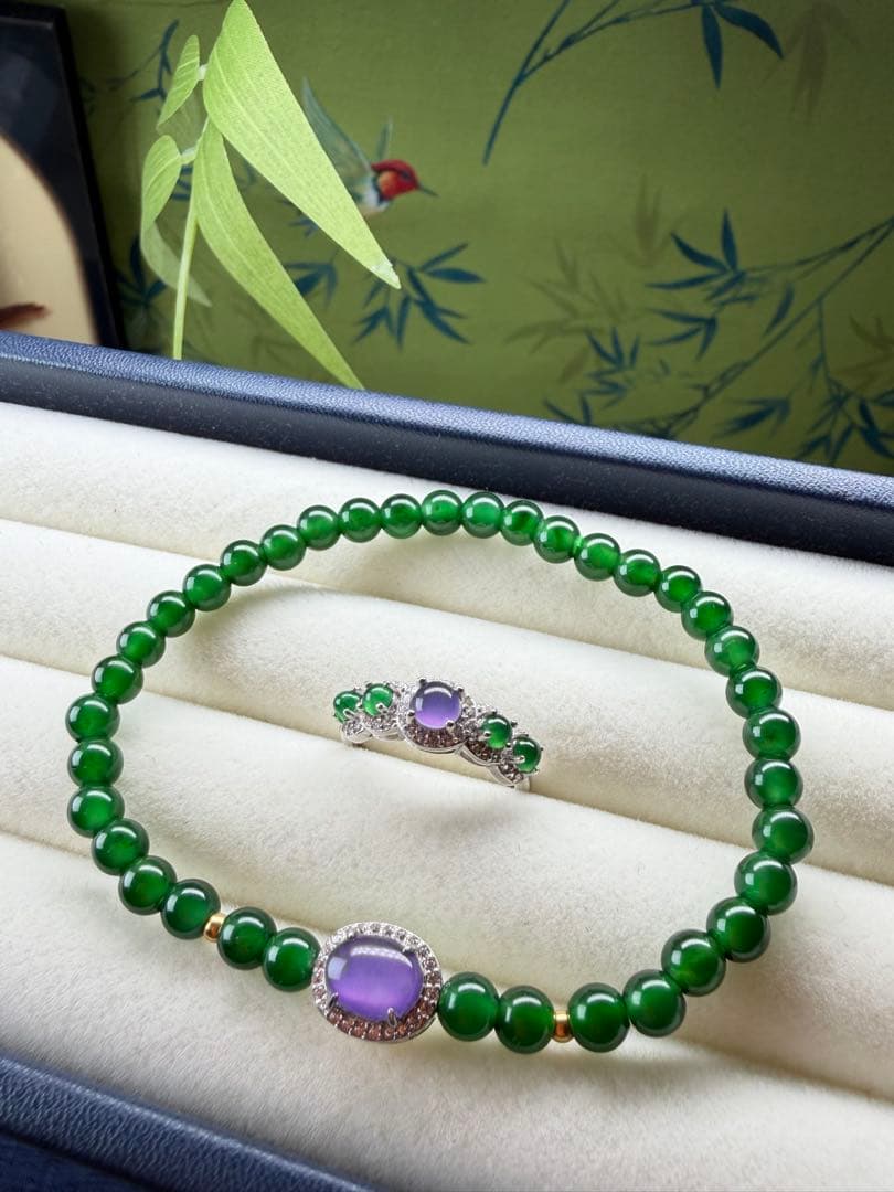 限定1点‼️ 貴重、希少品‼️18kビーズ入りロウカン質極上氷陽緑翡翠ブレス＆リング