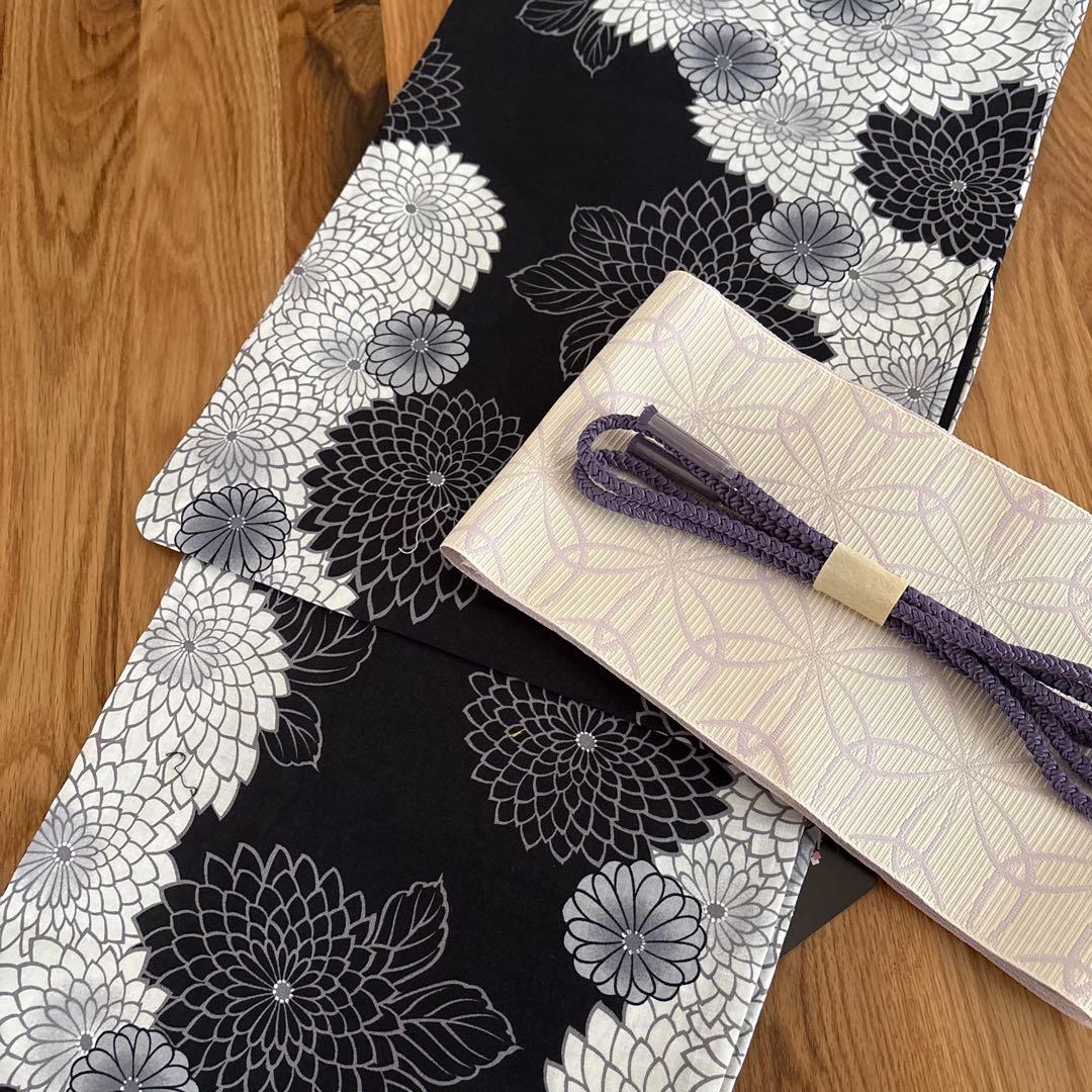 ☆浴衣☆新品☆帯付き☆花柄☆ブラック☆大人☆浴衣セット☆乱菊