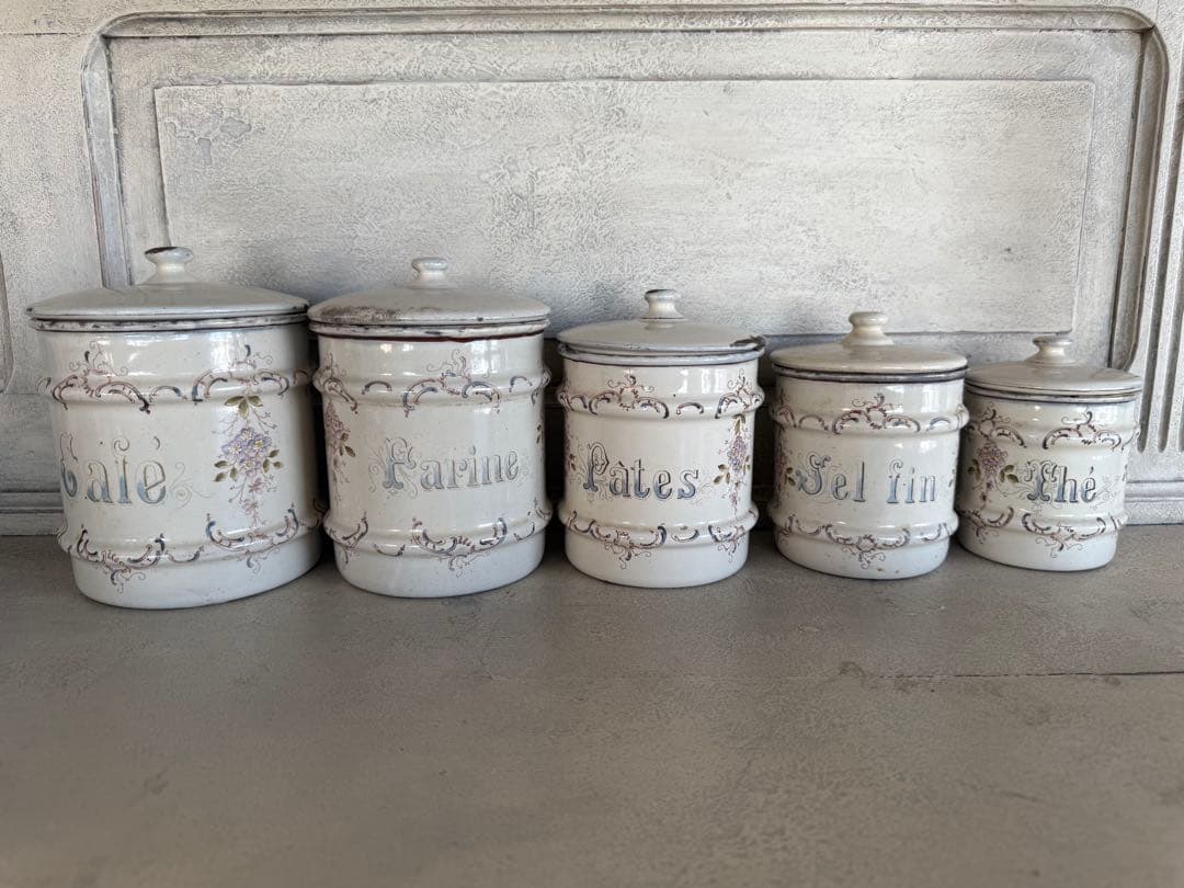 フランスアンティークホーローアールヌーボー可憐な花柄キャニスター5個セット