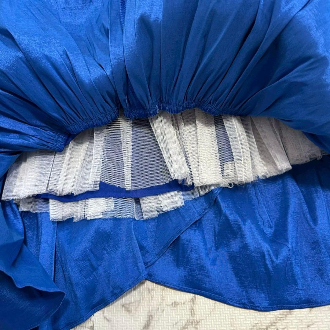 美品 S ロングドレス 青 ビジュー フリル パーティー