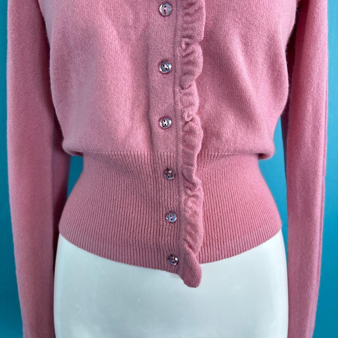 1537 EPOCAエポカ　フリル付きピンク長袖カシミアカーディガン　大人可愛い