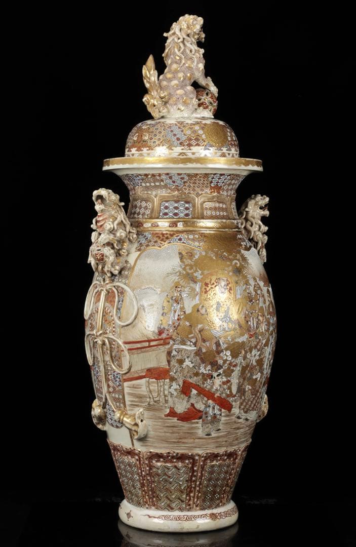 【極上薩摩焼】特大金襴手色絵 獅子　香炉 飾壺 陶器　骨董 古美術　アート　花瓶
