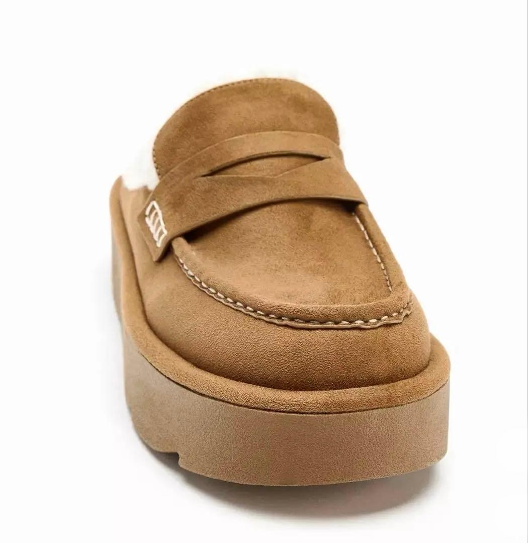 【ZARA】ザラ 39 プラットフォームミュールローファー ムートン ボア