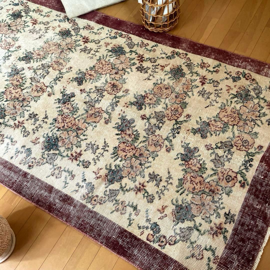 104×200 キナリ×ボルドー　薔薇の街　トルコヴィンテージラグ