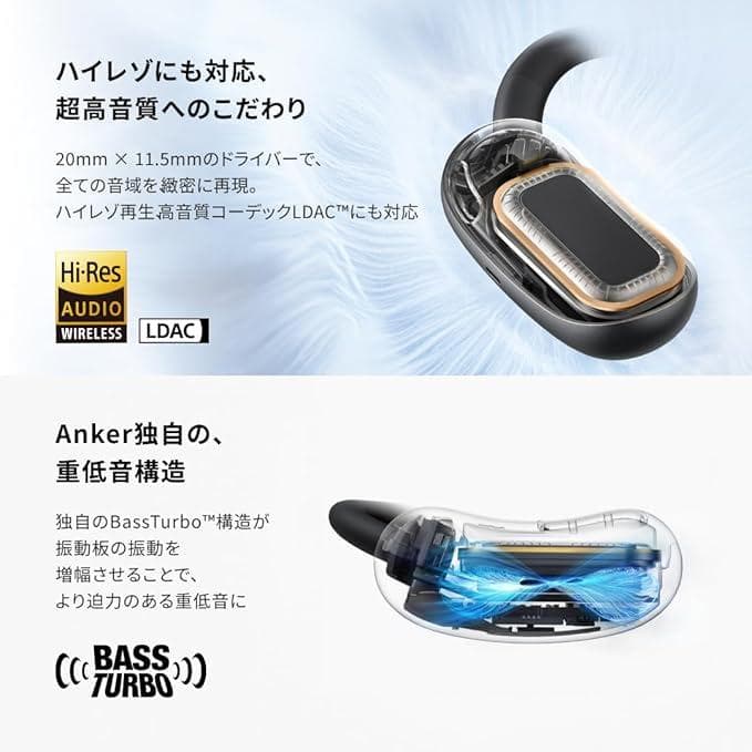 Soundcore AeroFit 2 ワイヤレスイヤホン オープンイヤー 黒