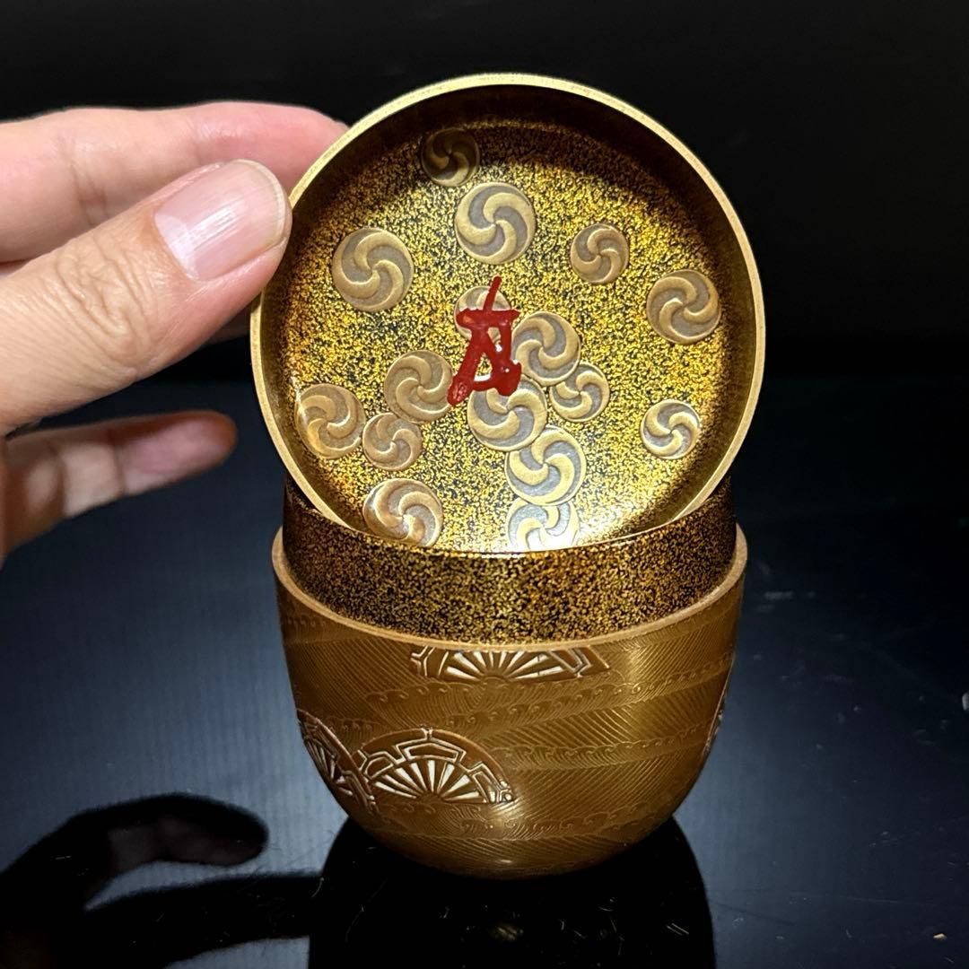 渡辺松悦 造『鵬雲斎書付』 極上金蒔絵 波車図 大棗 茶道具 桐共箱