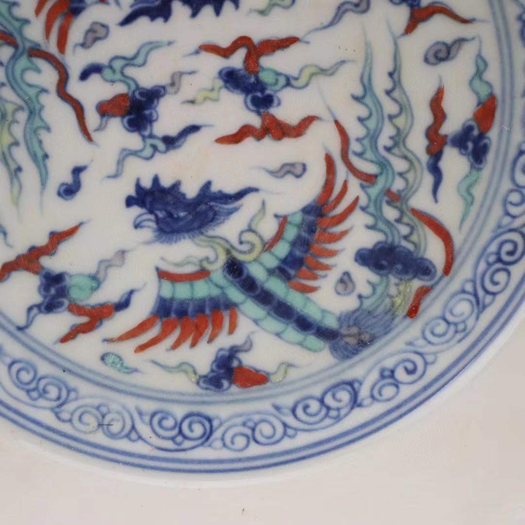 中国古美術✦大明成化紋 斗彩 双鳳呈祥図紋 観賞盤✦置物・文房具・陶芸・観賞皿
