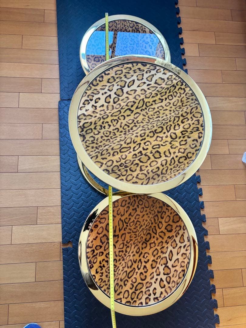 円形スライドテーブル　サイドテーブル　豹柄　ガラステーブル　ラウンドテーブル