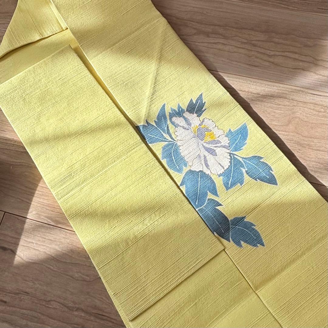 未使用　正絹　現代　名古屋帯　着物　和装　レモンイエロー　薄黄色　牡丹　364