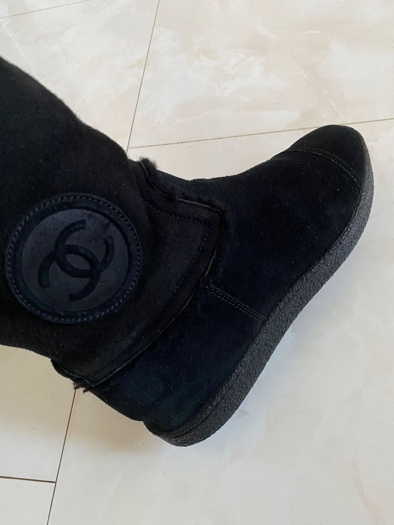 シャネル ムートン フラット ブーツ 黒 37 24cm ブラック CHANEL