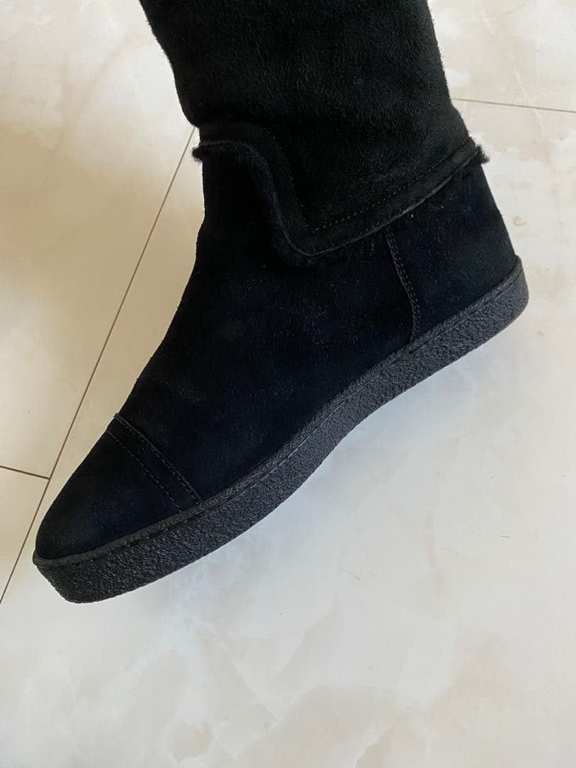 シャネル ムートン フラット ブーツ 黒 37 24cm ブラック CHANEL