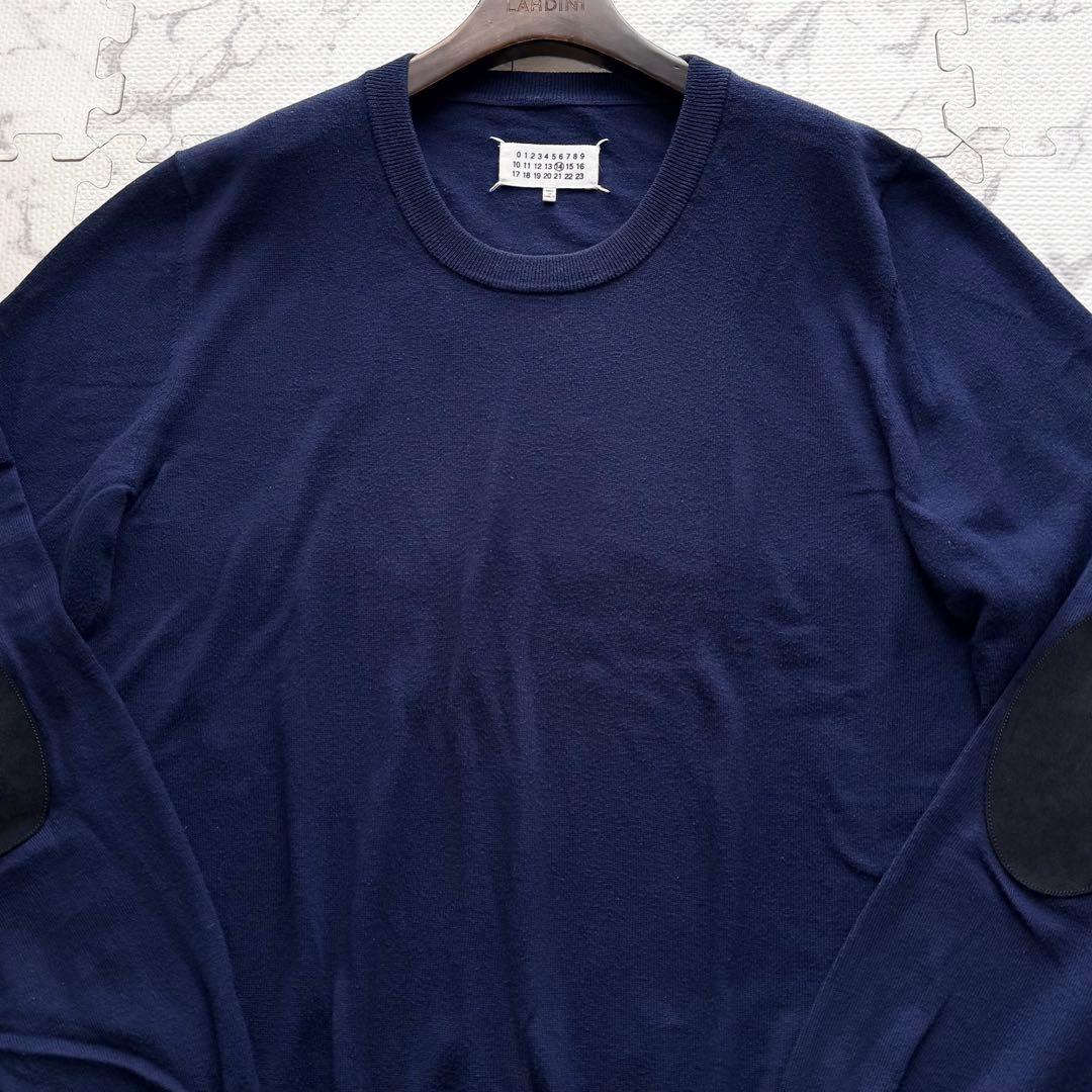 美品✨メゾンマルジェラ クルーネックニット レザーエルボーパッチ ブルー系 XL