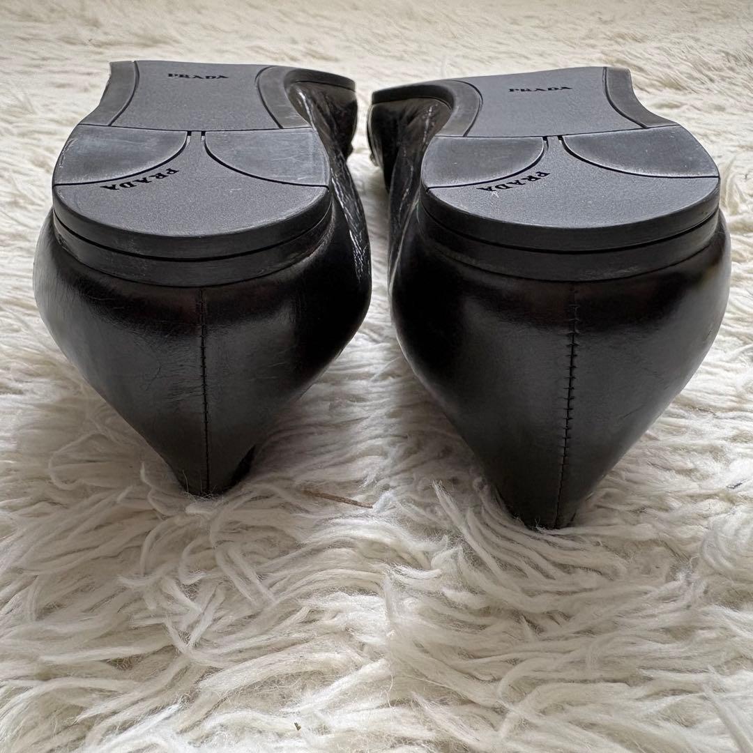 極美品 PRADA バレエ シューズ 黒 38 スタッズ ベルト フラット 靴