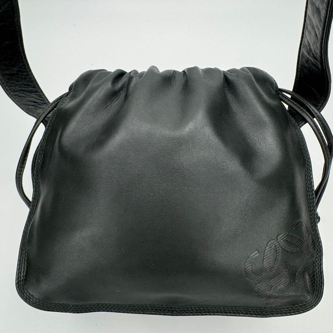 ロエベ アナグラム フラメンコ ナッパ レザー 巾着 ショルダーバッグ 黒緑