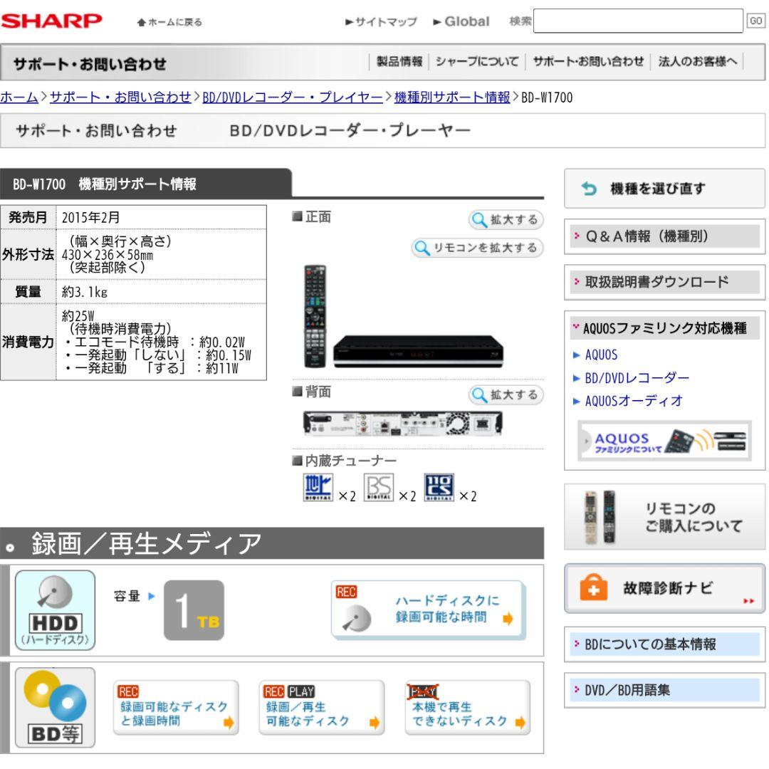 1TB/シャープ/BD-W1700/アクオス/W録/外付HDD/ドラ丸