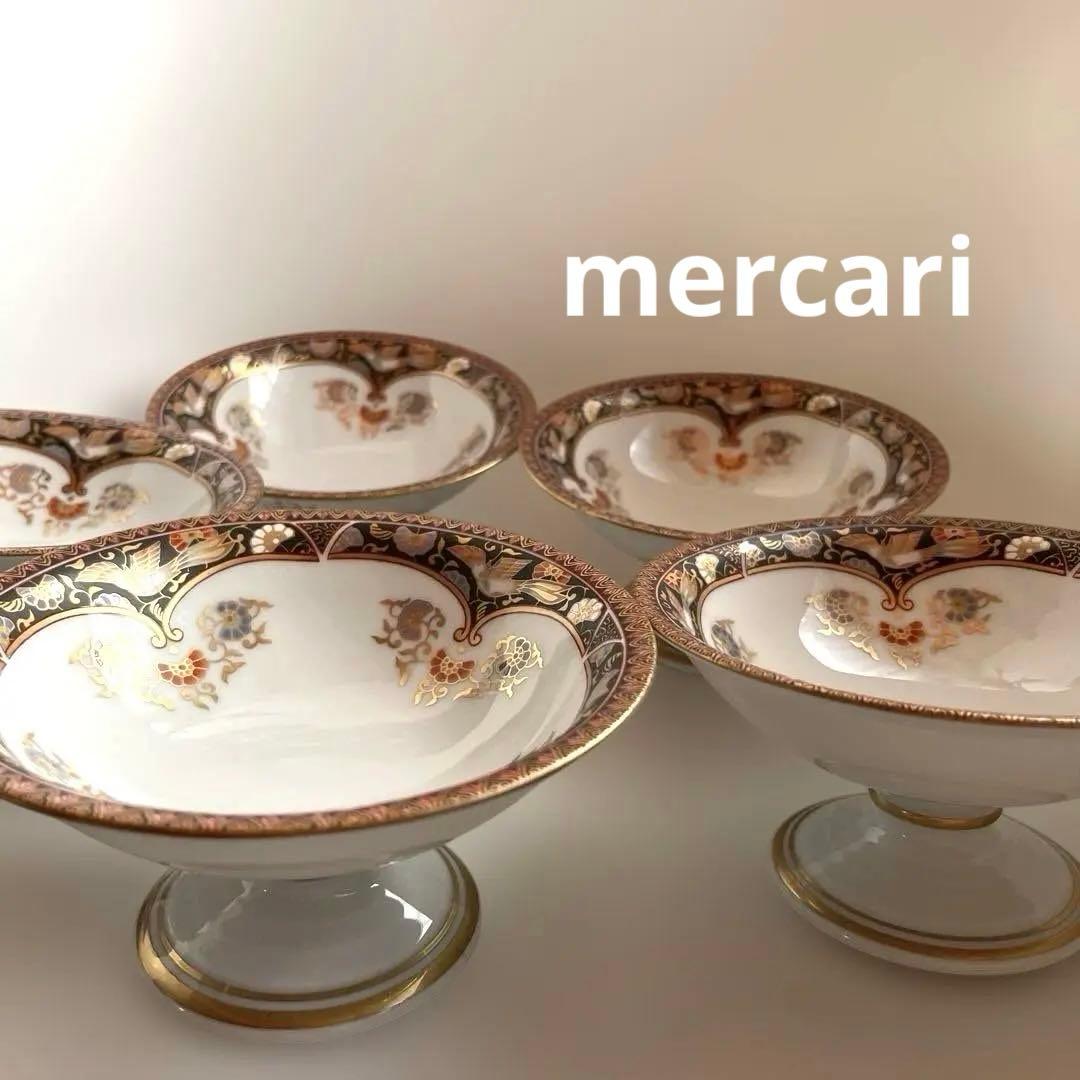 有田焼　其泉　金彩　黒外濃金海松鳳凰文 高台　5鉢揃い　コンポート皿　お祝い