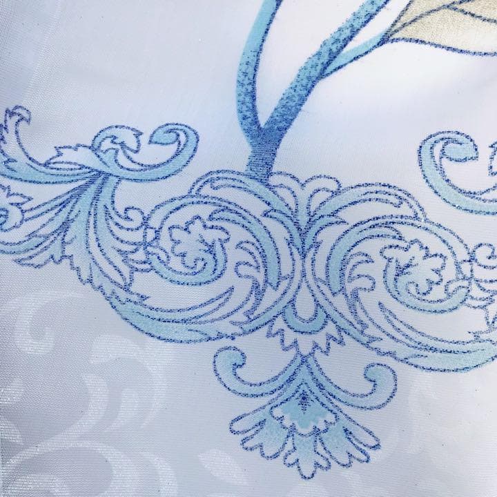 加工ひまわり＆ブルー ホワイト 洗濯可 ミラー レース のれん突っ張り棒