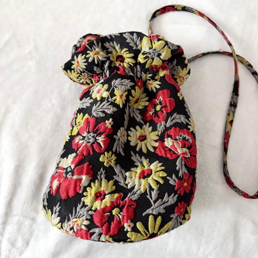 GANNI ボタニカル 巾着ショルダーバッグ　ブラック　刺繍　黒 ジャガード