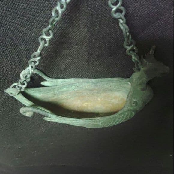 銅製　鳳凰　吊り花生　青銅製　吊り花器　舟形　時代物　カ10