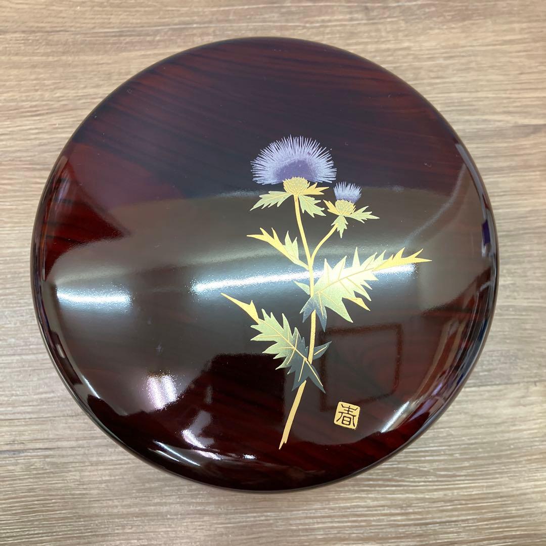 E-1 昭和レトロ 会津塗 丸二段 菓子器 春慶 木目 アザミ 伝統工芸 漆器