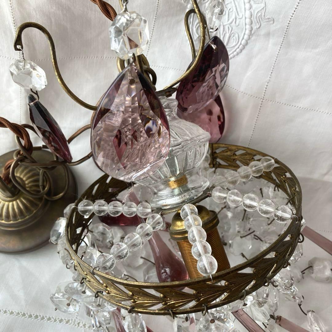 *訳あり クリスタルティアドロップ 1灯シャンデリア 薄紫 フランスアンティーク